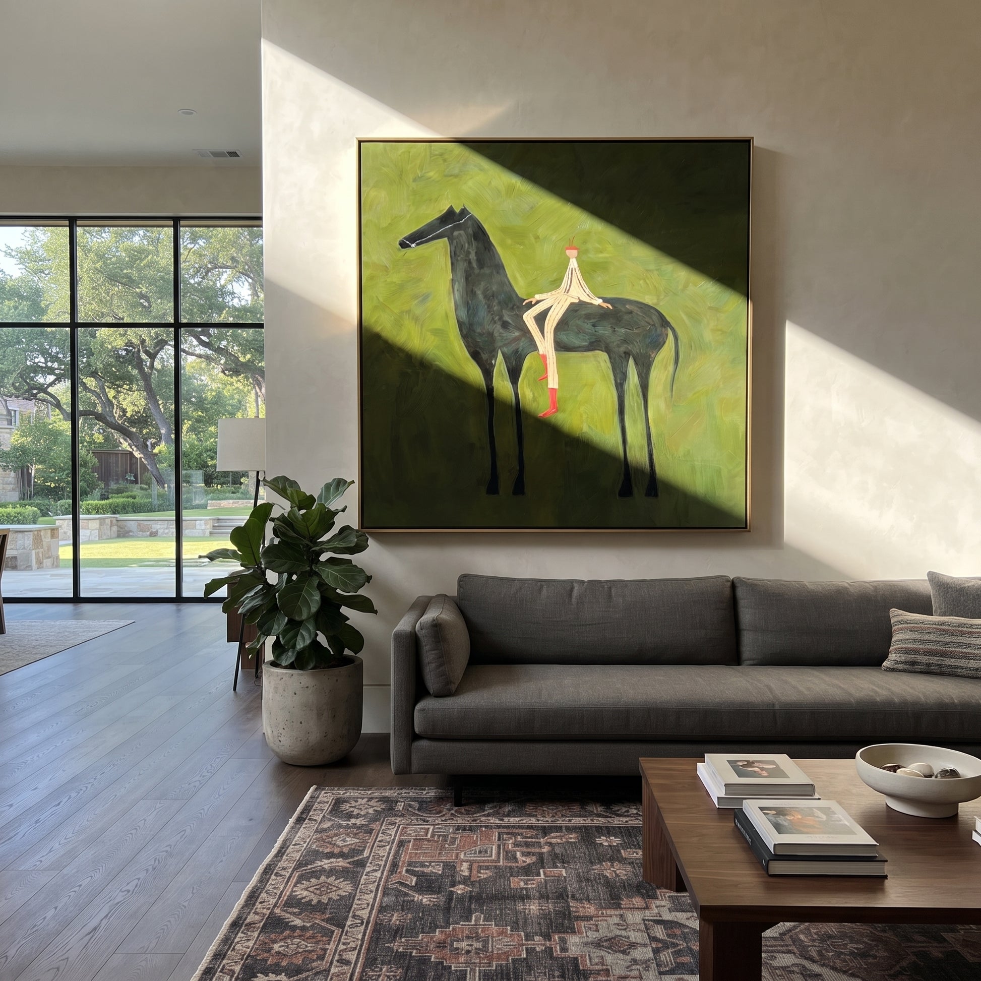 Red Boots Rest Black - reclining rider horse painting by Isabelle Laurent, modern Western square wall art – styled room scene view 1
