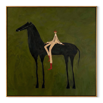 Red Boots Rest Black - reclining rider horse painting by Isabelle Laurent, modern Western square wall art – wood frame on white background