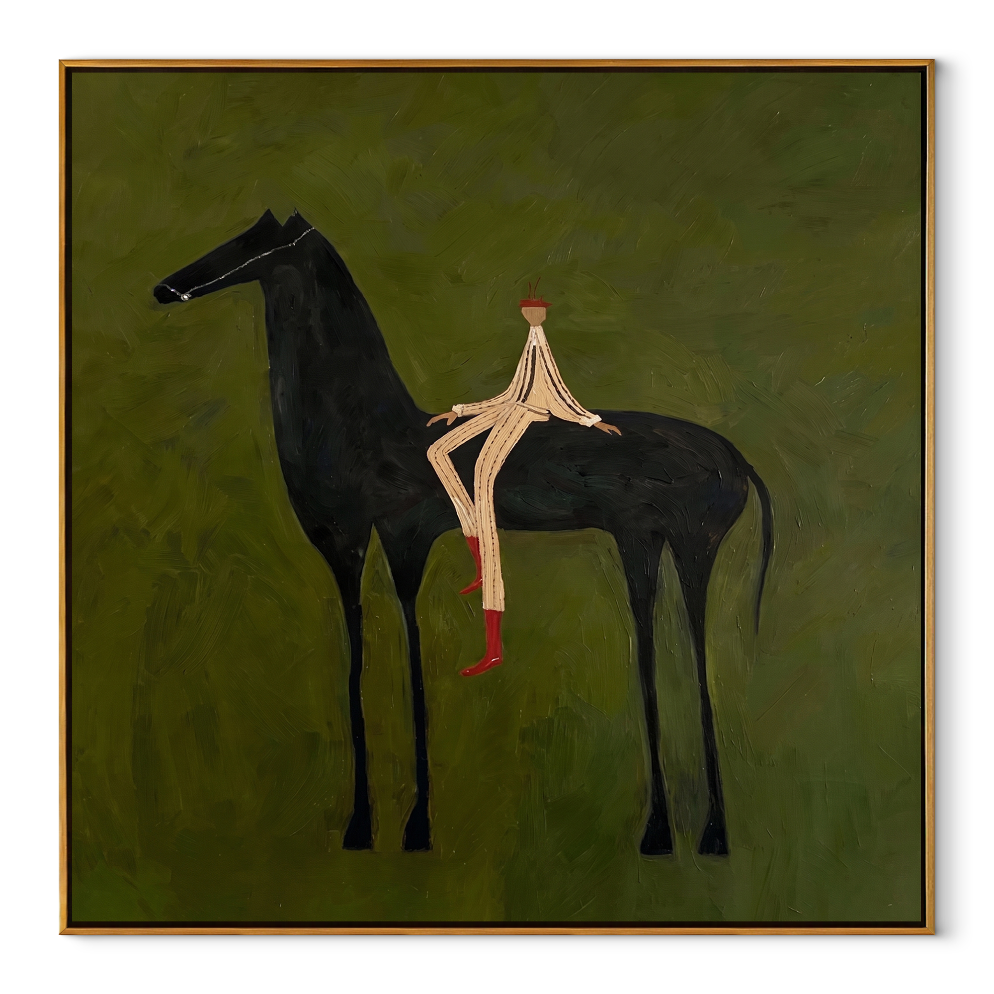 Red Boots Rest Black - reclining rider horse painting by Isabelle Laurent, modern Western square wall art – wood frame on white background