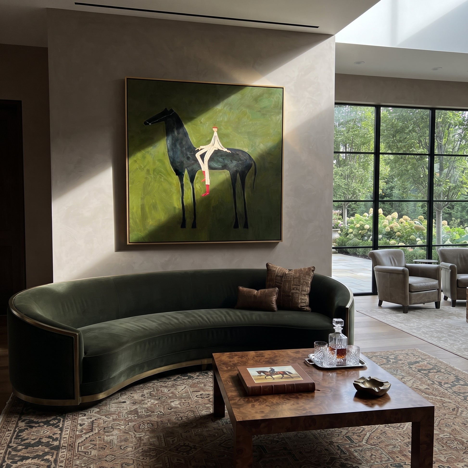 Red Boots Rest Black - reclining rider horse painting by Isabelle Laurent, modern Western square wall art – styled room scene view 2
