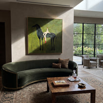 Red Boots Rest Black - reclining rider horse painting by Isabelle Laurent, modern Western square wall art – styled room scene view 2