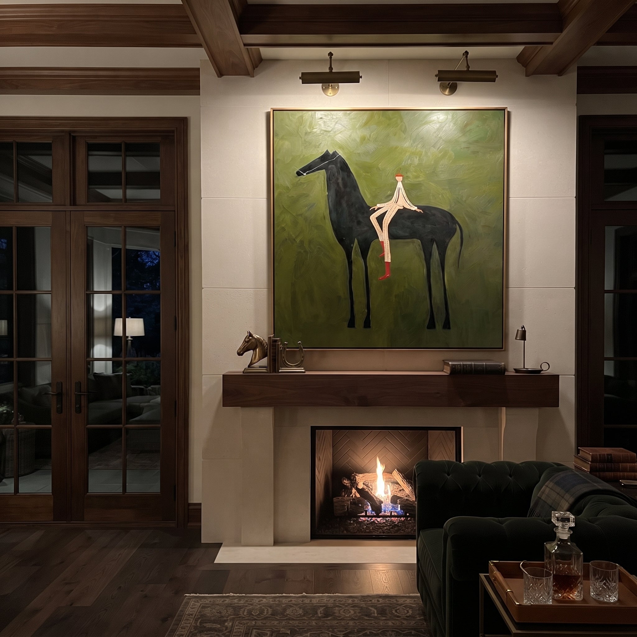 Red Boots Rest Black - reclining rider horse painting by Isabelle Laurent, modern Western square wall art – styled room scene view 3