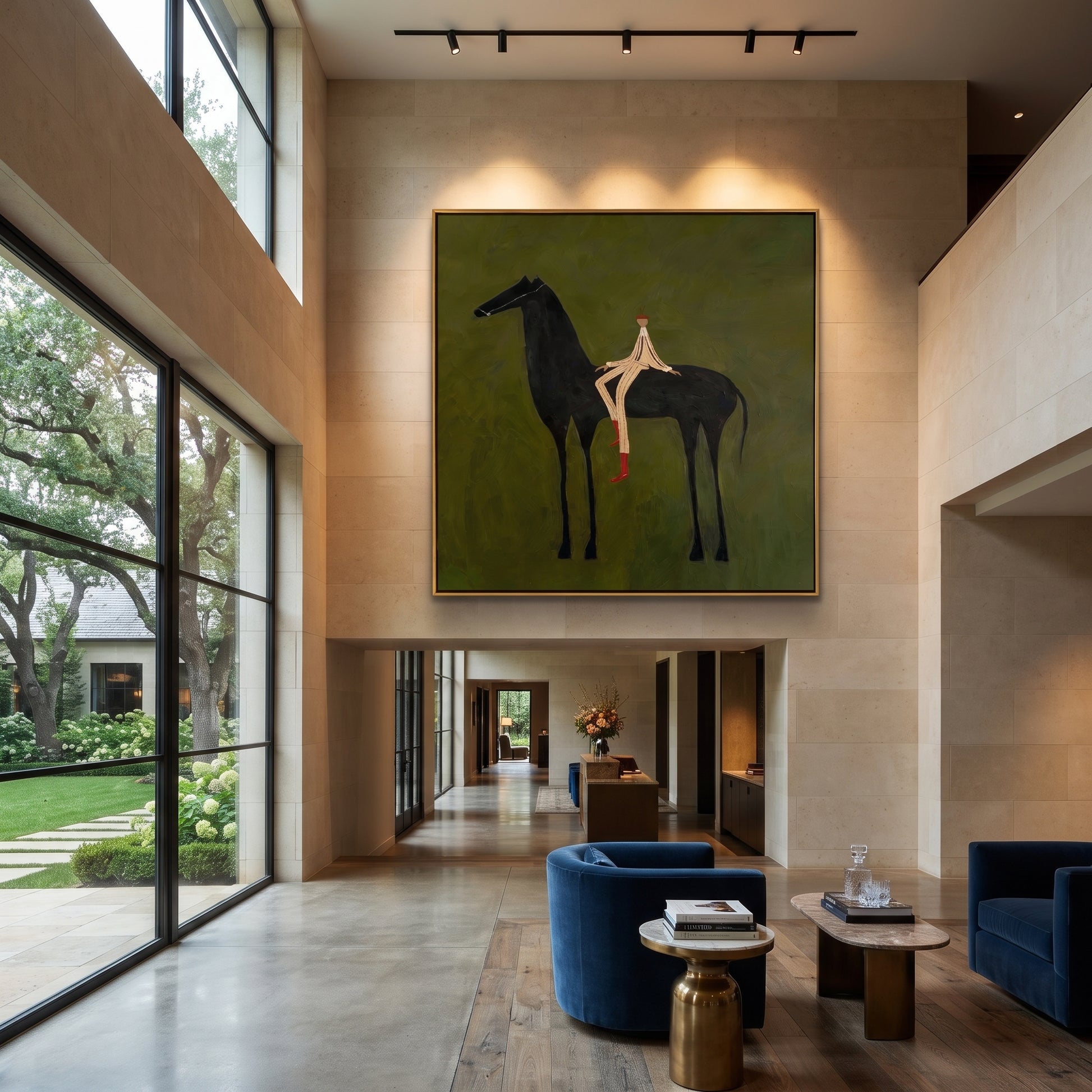 Red Boots Rest Black - reclining rider horse painting by Isabelle Laurent, modern Western square wall art – styled room scene view 4