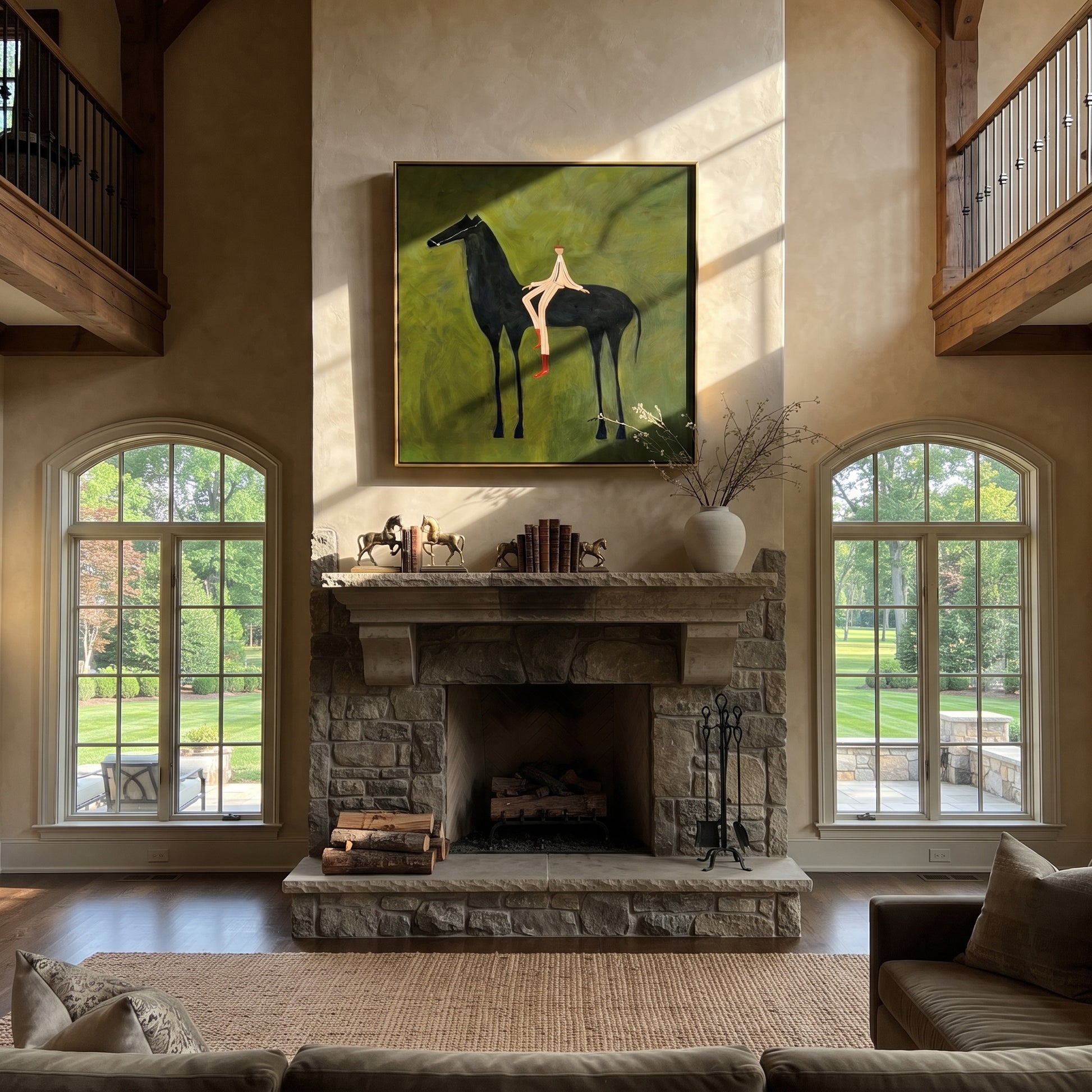 Red Boots Rest Black - reclining rider horse painting by Isabelle Laurent, modern Western square wall art – styled room scene view 5