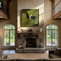 Red Boots Rest Black - reclining rider horse painting by Isabelle Laurent, modern Western square wall art – styled room scene view 5