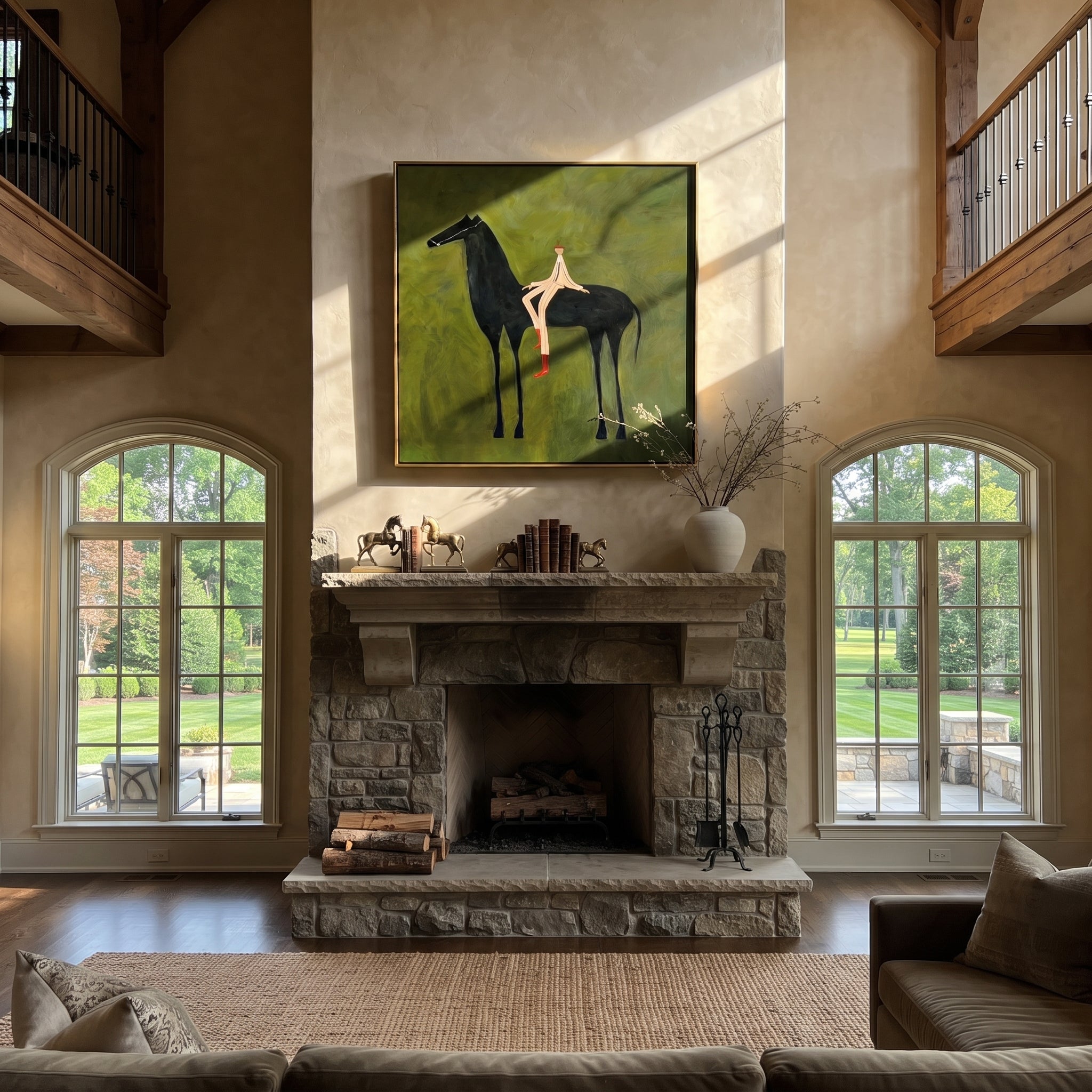 Red Boots Rest Black - reclining rider horse painting by Isabelle Laurent, modern Western square wall art – styled room scene view 5