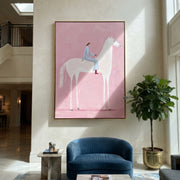 Pink Air Carries Ivory - white horse rider painting by Isabelle Laurent, modern Western vertical wall art – styled room scene view 1
