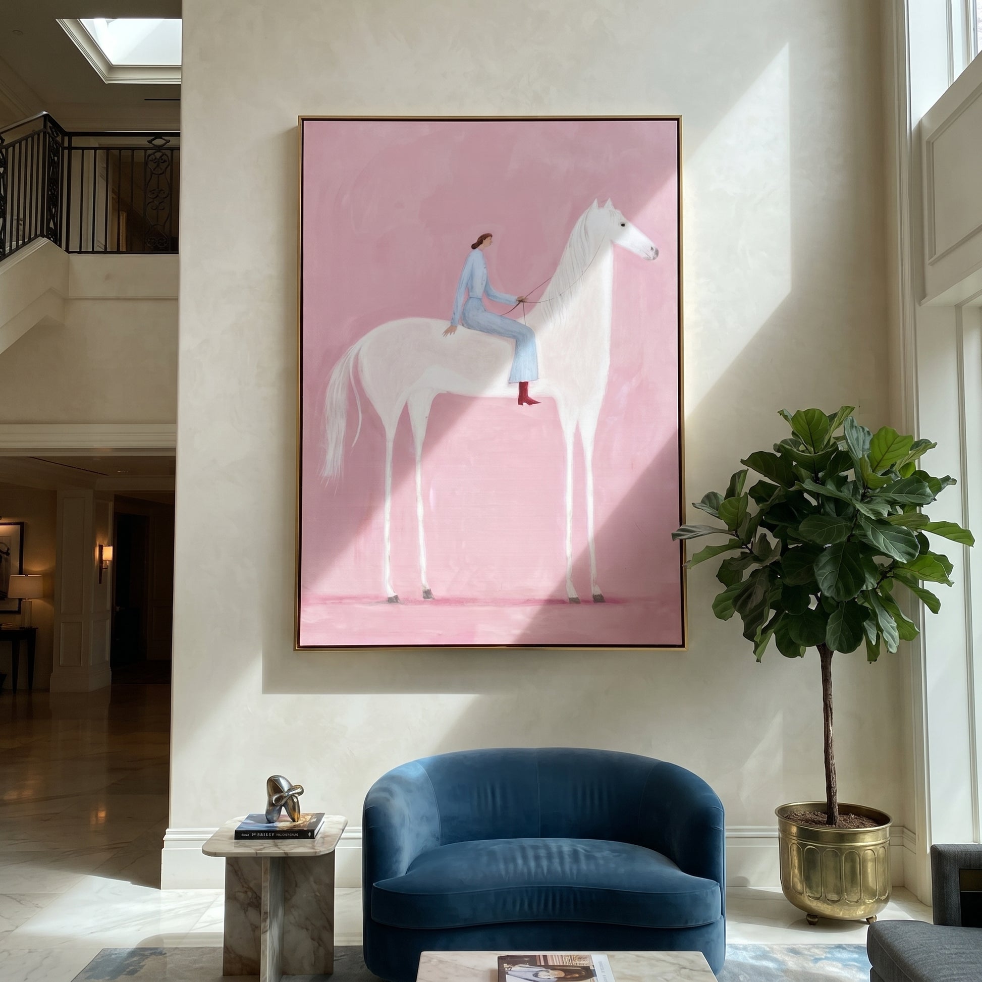 Pink Air Carries Ivory - white horse rider painting by Isabelle Laurent, modern Western vertical wall art – styled room scene view 1