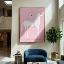 Pink Air Carries Ivory - white horse rider painting by Isabelle Laurent, modern Western vertical wall art – styled room scene view 1