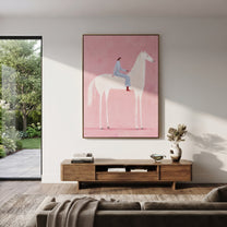 Pink Air Carries Ivory - white horse rider painting by Isabelle Laurent, modern Western vertical wall art – styled room scene view 2