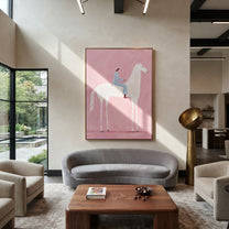 Pink Air Carries Ivory - white horse rider painting by Isabelle Laurent, modern Western vertical wall art – styled room scene view 3
