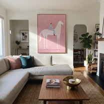 Pink Air Carries Ivory - white horse rider painting by Isabelle Laurent, modern Western vertical wall art – styled room scene view 4