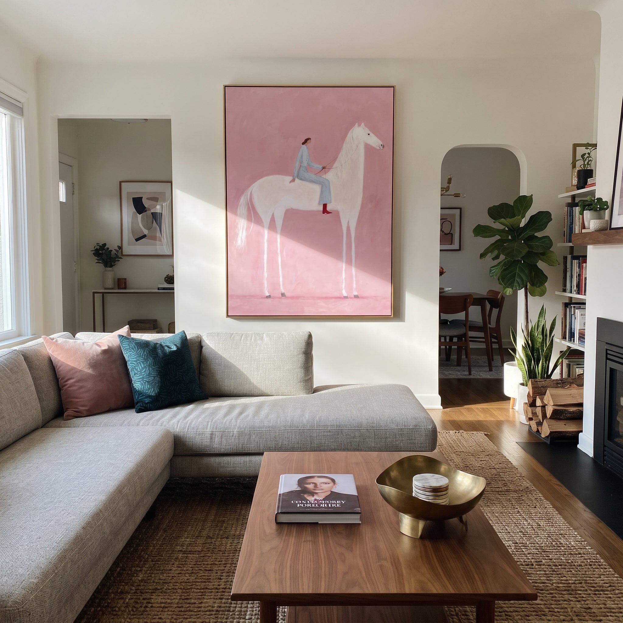 Pink Air Carries Ivory - white horse rider painting by Isabelle Laurent, modern Western vertical wall art – styled room scene view 4
