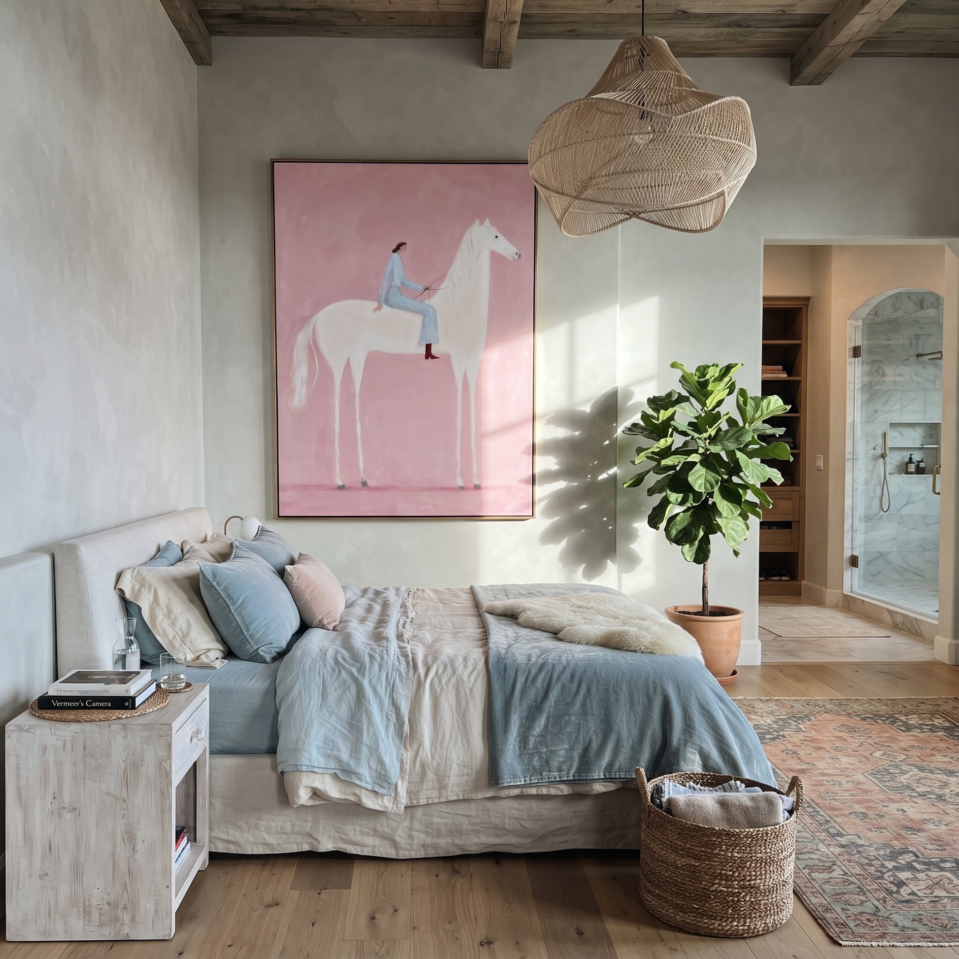 Pink Air Carries Ivory - white horse rider painting by Isabelle Laurent, modern Western vertical wall art – styled room scene view 5