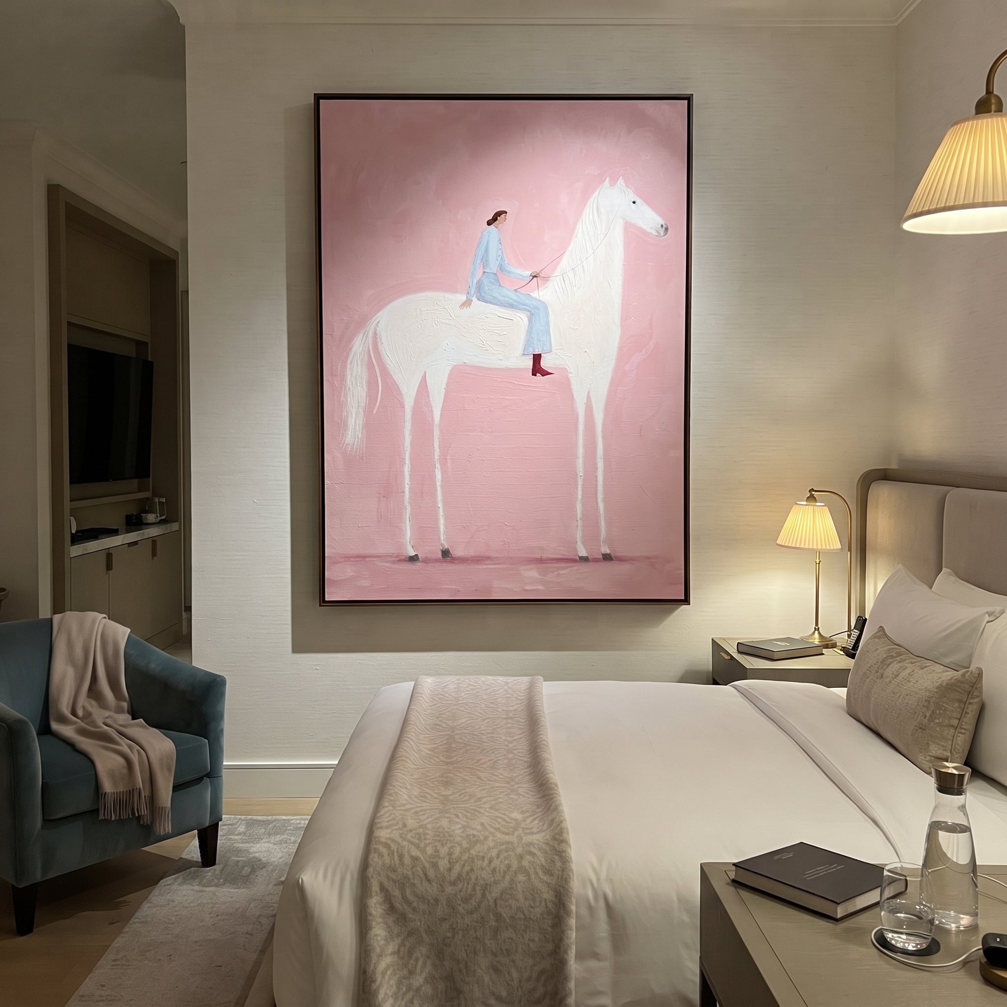 Pink Air Carries Ivory - white horse rider painting by Isabelle Laurent, modern Western vertical wall art – styled room scene view 6