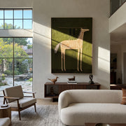 Two Figures Balance Ivory - white horse acrobat painting by Isabelle Laurent, modern Western vertical wall art – styled room scene view 1