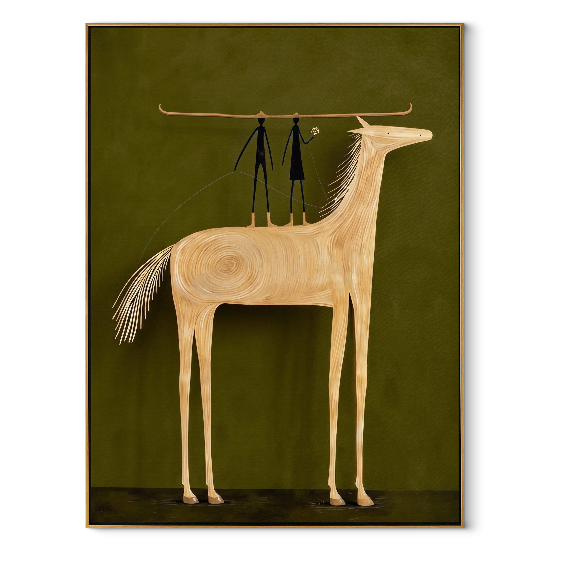Two Figures Balance Ivory - white horse acrobat painting by Isabelle Laurent, modern Western vertical wall art – wood frame on white background