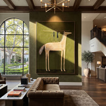 Two Figures Balance Ivory - white horse acrobat painting by Isabelle Laurent, modern Western vertical wall art – styled room scene view 2