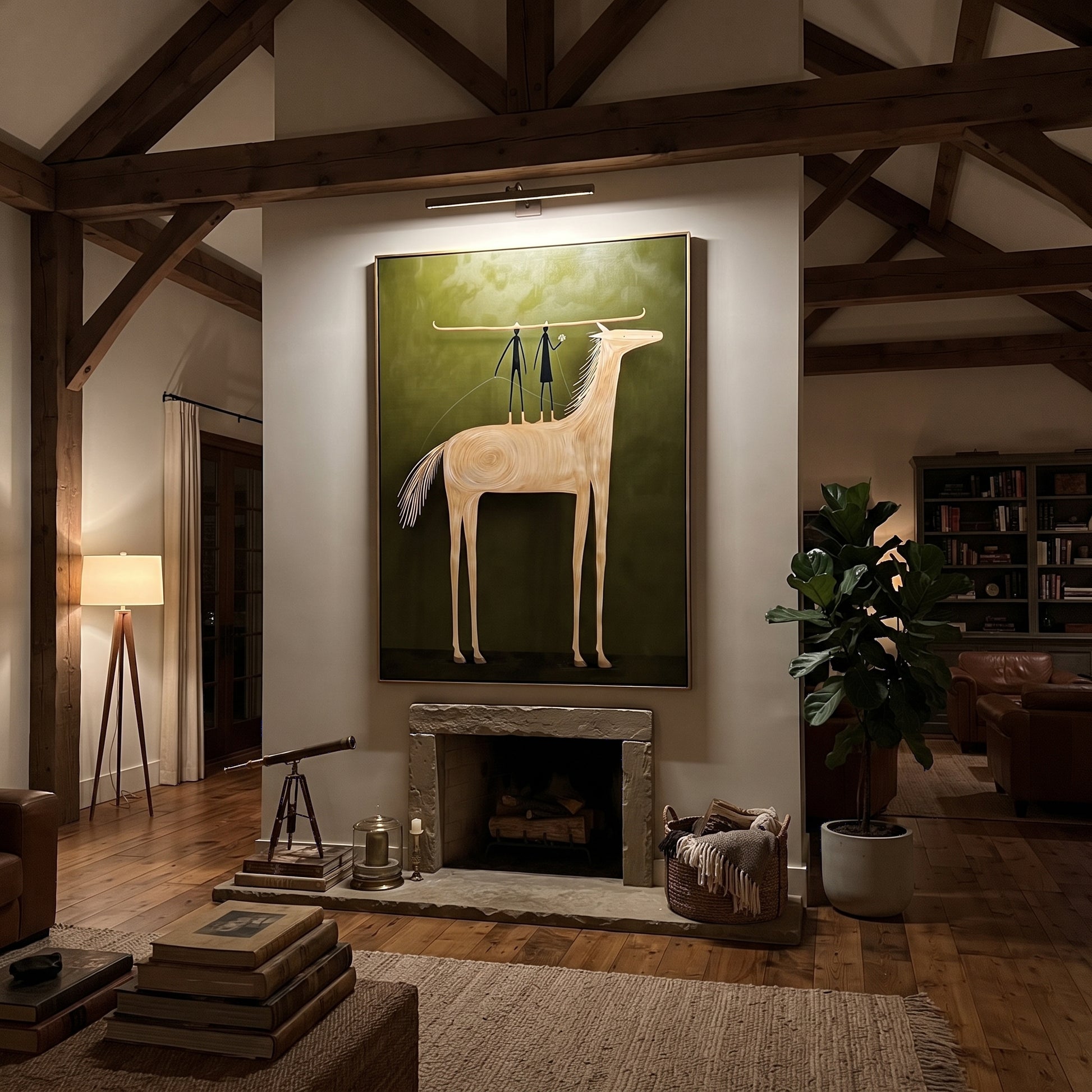 Two Figures Balance Ivory - white horse acrobat painting by Isabelle Laurent, modern Western vertical wall art – styled room scene view 3
