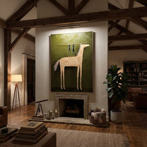 Two Figures Balance Ivory - white horse acrobat painting by Isabelle Laurent, modern Western vertical wall art – styled room scene view 3