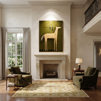 Two Figures Balance Ivory - white horse acrobat painting by Isabelle Laurent, modern Western vertical wall art – styled room scene view 4