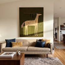 Two Figures Balance Ivory - white horse acrobat painting by Isabelle Laurent, modern Western vertical wall art – styled room scene view 5
