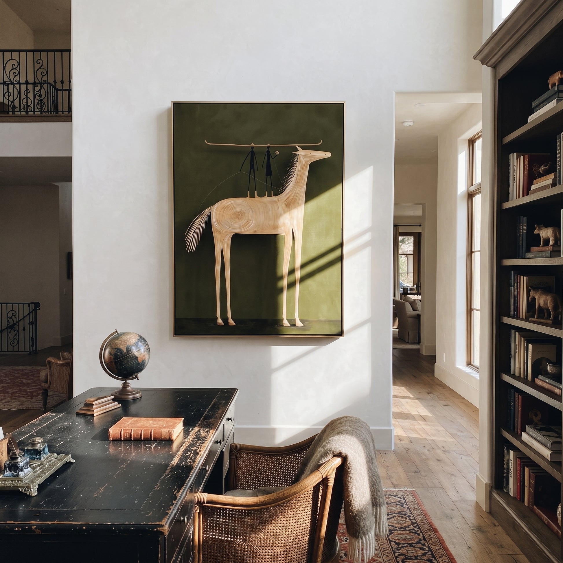 Two Figures Balance Ivory - white horse acrobat painting by Isabelle Laurent, modern Western vertical wall art – styled room scene view 6