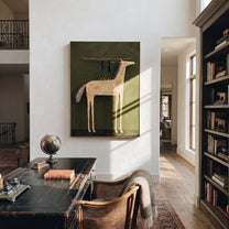 Two Figures Balance Ivory - white horse acrobat painting by Isabelle Laurent, modern Western vertical wall art – styled room scene view 6