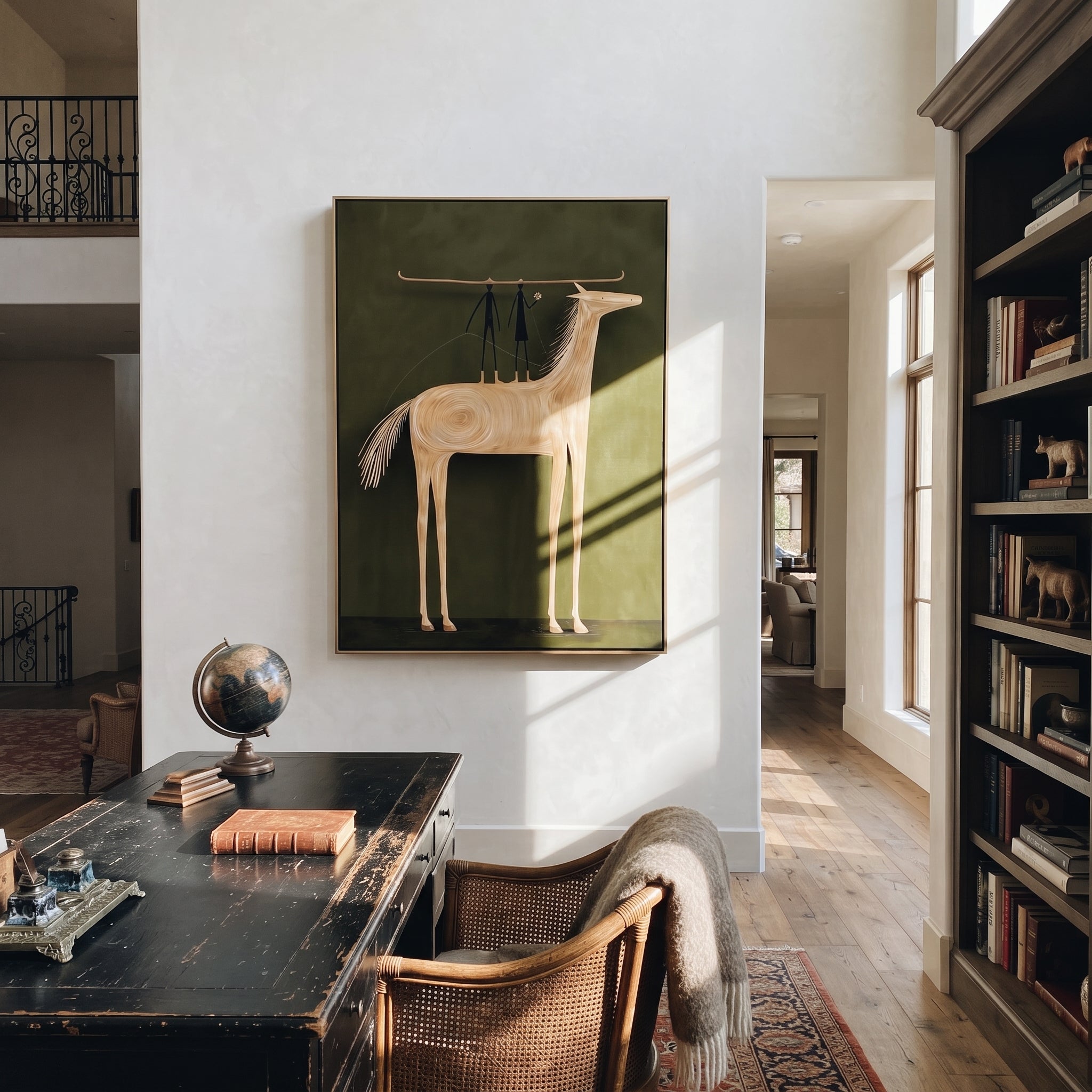 Two Figures Balance Ivory - white horse acrobat painting by Isabelle Laurent, modern Western vertical wall art – styled room scene view 6