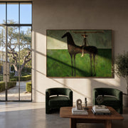 Long Bar Spans Meadow - balance horse rider painting by Isabelle Laurent, modern Western horizontal wall art – styled room scene view 1