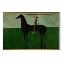 Long Bar Spans Meadow - balance horse rider painting by Isabelle Laurent, modern Western horizontal wall art – wood frame on white background