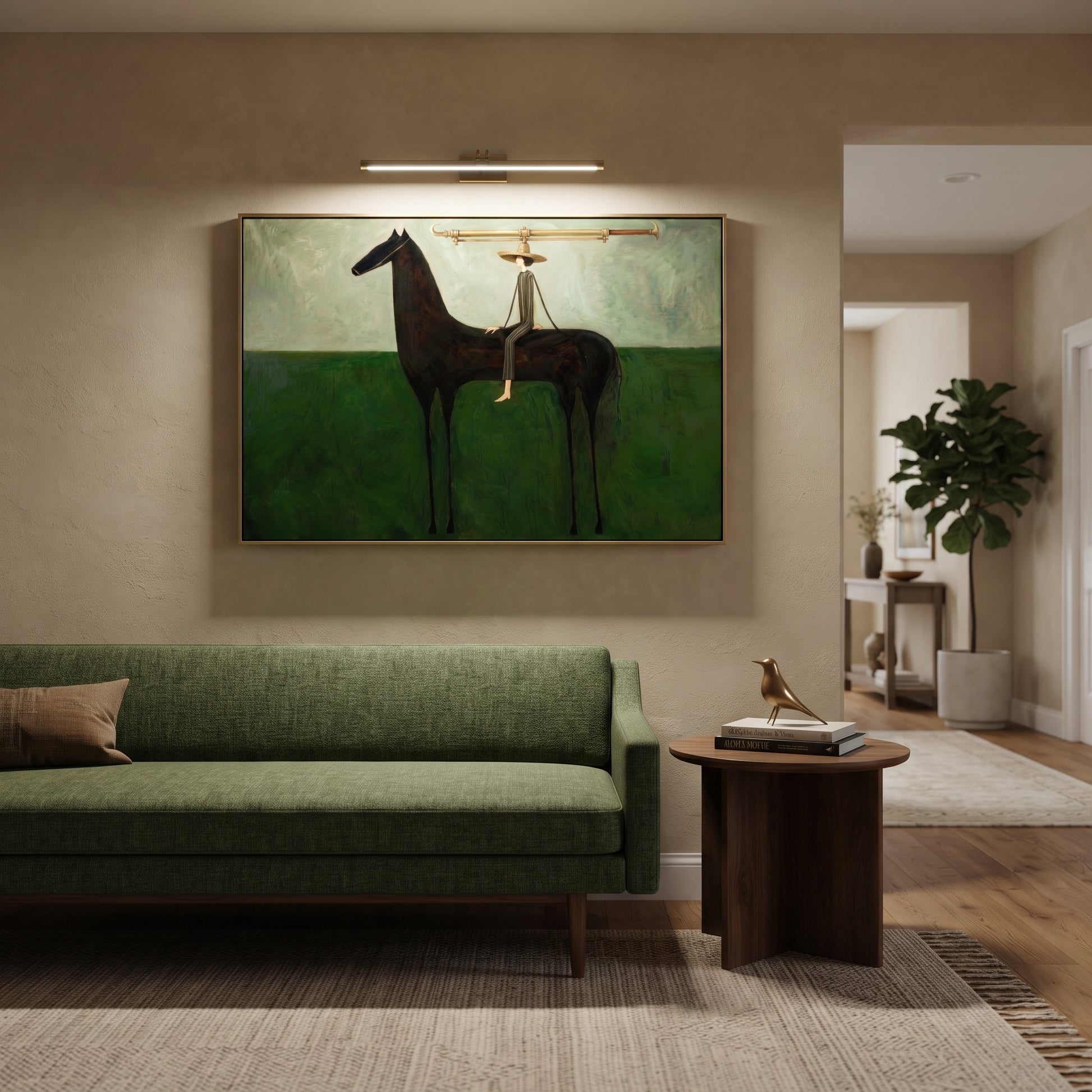 Long Bar Spans Meadow - balance horse rider painting by Isabelle Laurent, modern Western horizontal wall art – styled room scene view 2