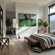 Long Bar Spans Meadow - balance horse rider painting by Isabelle Laurent, modern Western horizontal wall art – styled room scene view 3