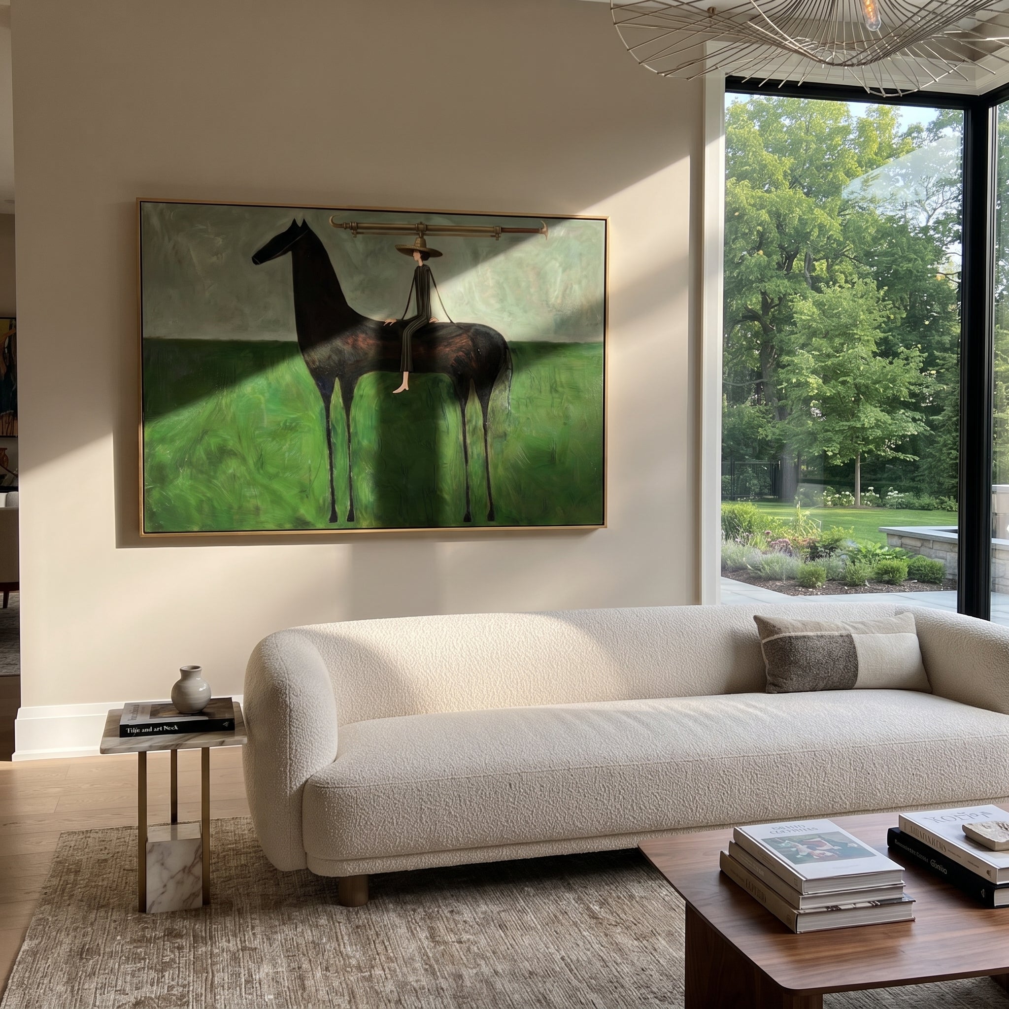 Long Bar Spans Meadow - balance horse rider painting by Isabelle Laurent, modern Western horizontal wall art – styled room scene view 4