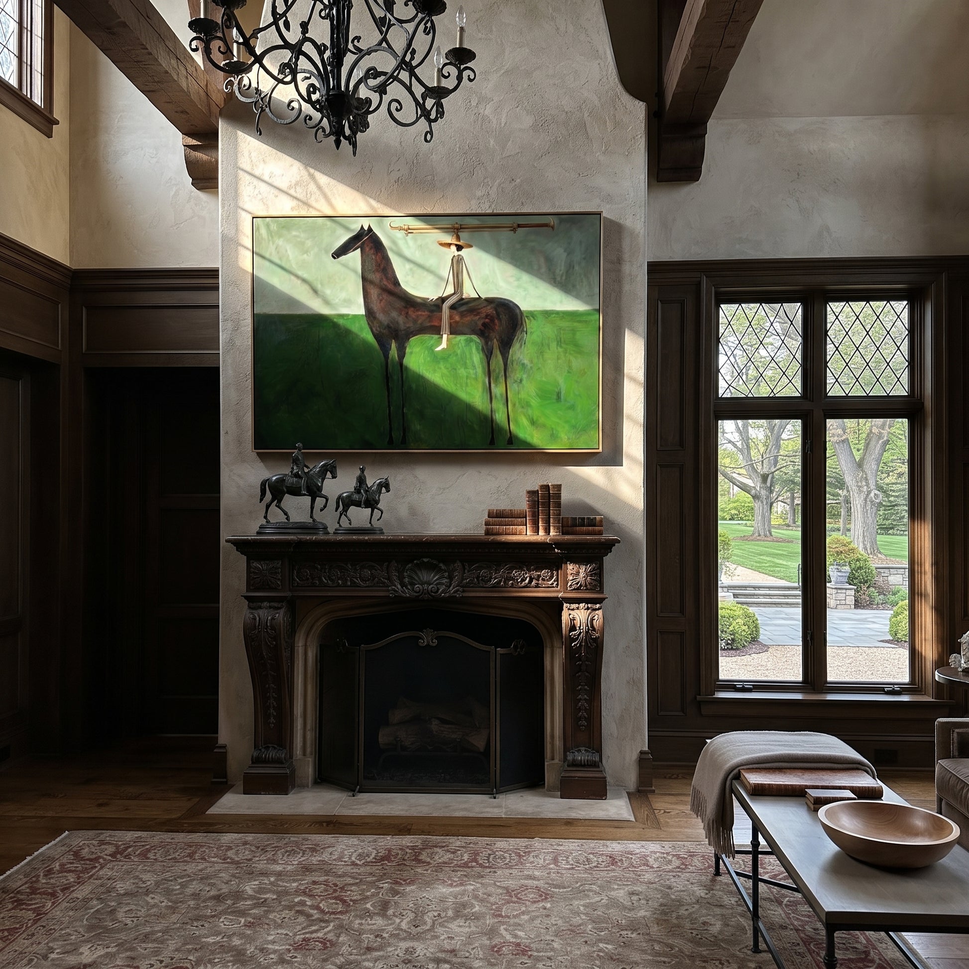 Long Bar Spans Meadow - balance horse rider painting by Isabelle Laurent, modern Western horizontal wall art – styled room scene view 5