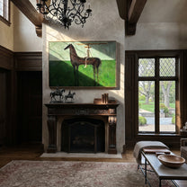 Long Bar Spans Meadow - balance horse rider painting by Isabelle Laurent, modern Western horizontal wall art – styled room scene view 5
