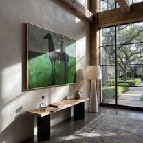 Long Bar Spans Meadow - balance horse rider painting by Isabelle Laurent, modern Western horizontal wall art – styled room scene view 6
