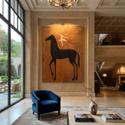 Dancer Turns Above Midnight - ballerina black horse painting by Isabelle Laurent, modern Western vertical wall art – styled room scene view 1