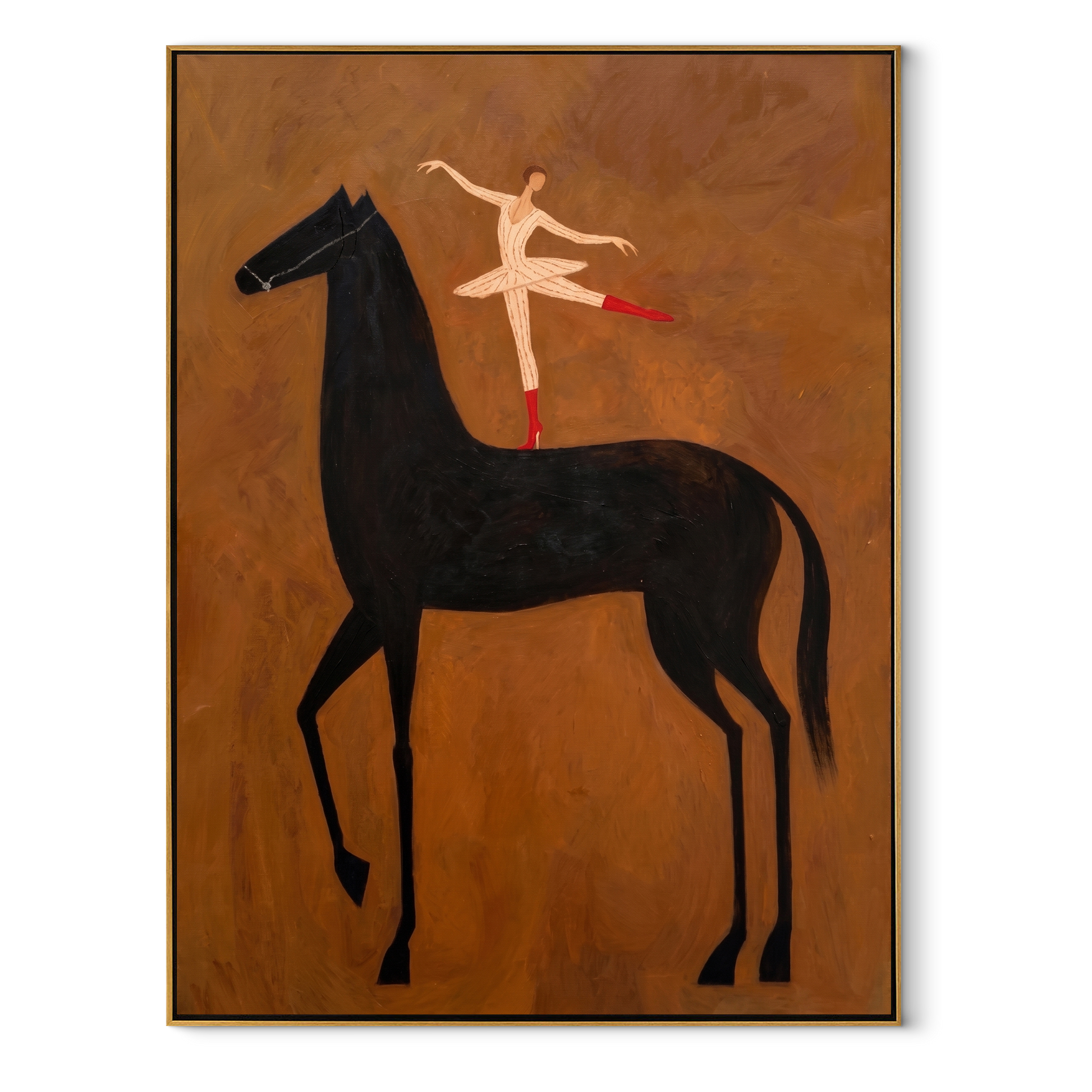 Dancer Turns Above Midnight - ballerina black horse painting by Isabelle Laurent, modern Western vertical wall art – wood frame on white background