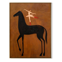 Dancer Turns Above Midnight - ballerina black horse painting by Isabelle Laurent, modern Western vertical wall art – wood frame on white background