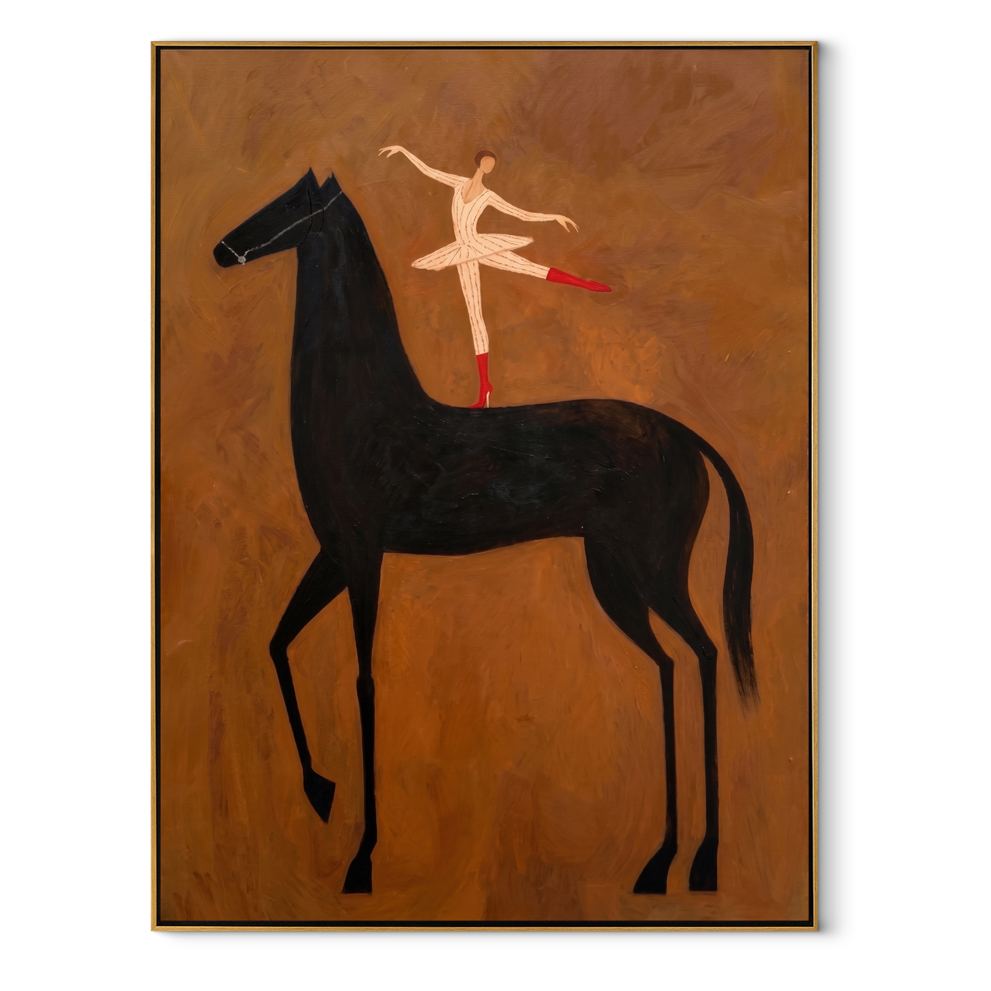 Dancer Turns Above Midnight - ballerina black horse painting by Isabelle Laurent, modern Western vertical wall art – wood frame on white background