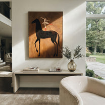 Dancer Turns Above Midnight - ballerina black horse painting by Isabelle Laurent, modern Western vertical wall art – styled room scene view 2