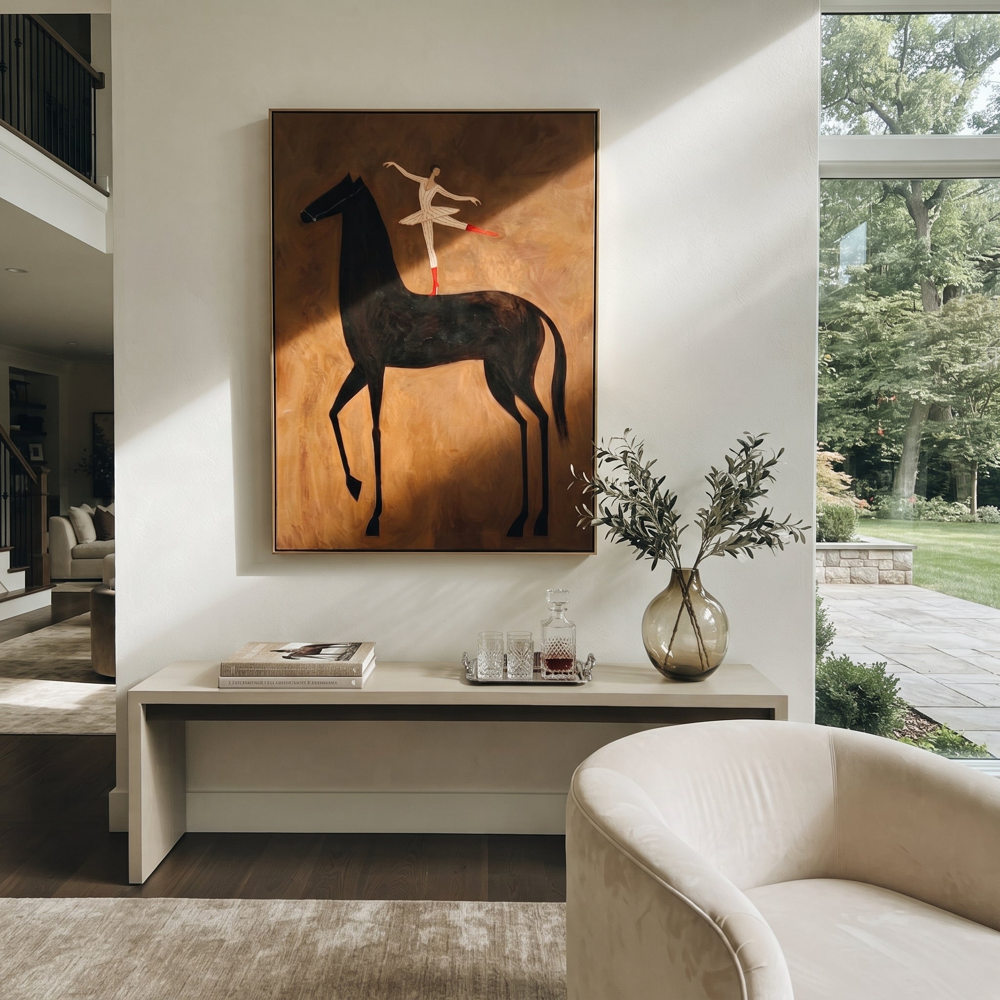 Dancer Turns Above Midnight - ballerina black horse painting by Isabelle Laurent, modern Western vertical wall art – styled room scene view 2