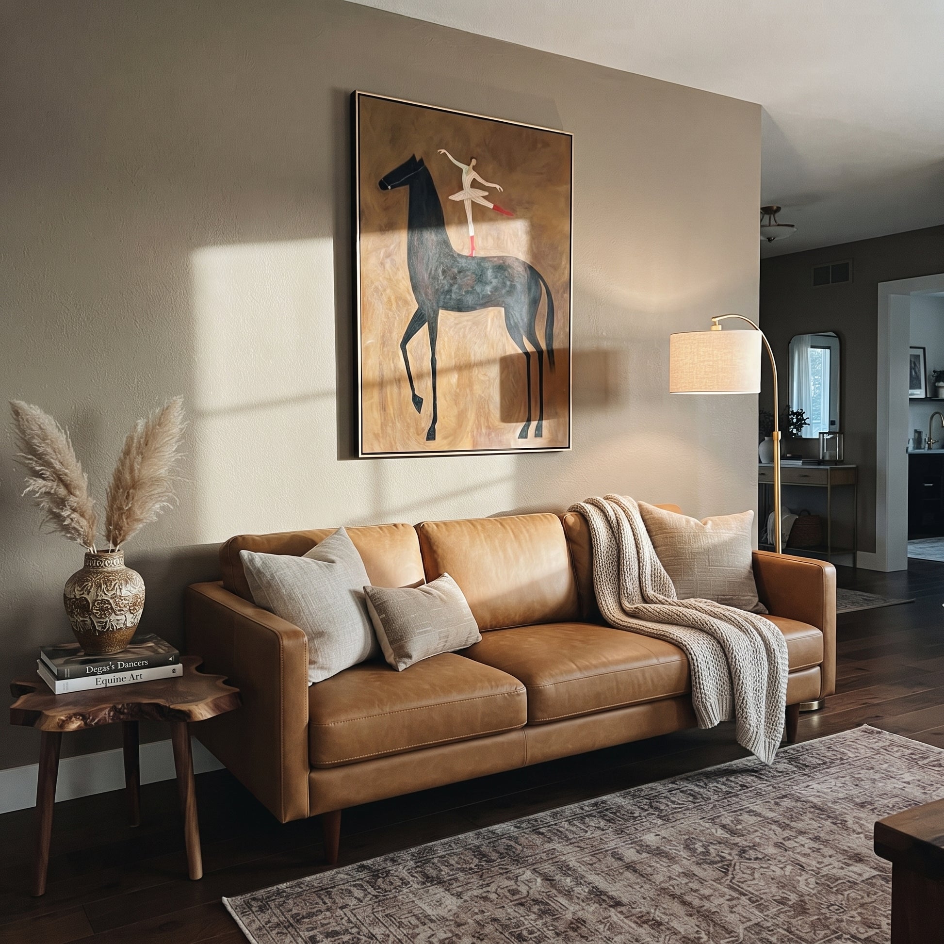 Dancer Turns Above Midnight - ballerina black horse painting by Isabelle Laurent, modern Western vertical wall art – styled room scene view 3