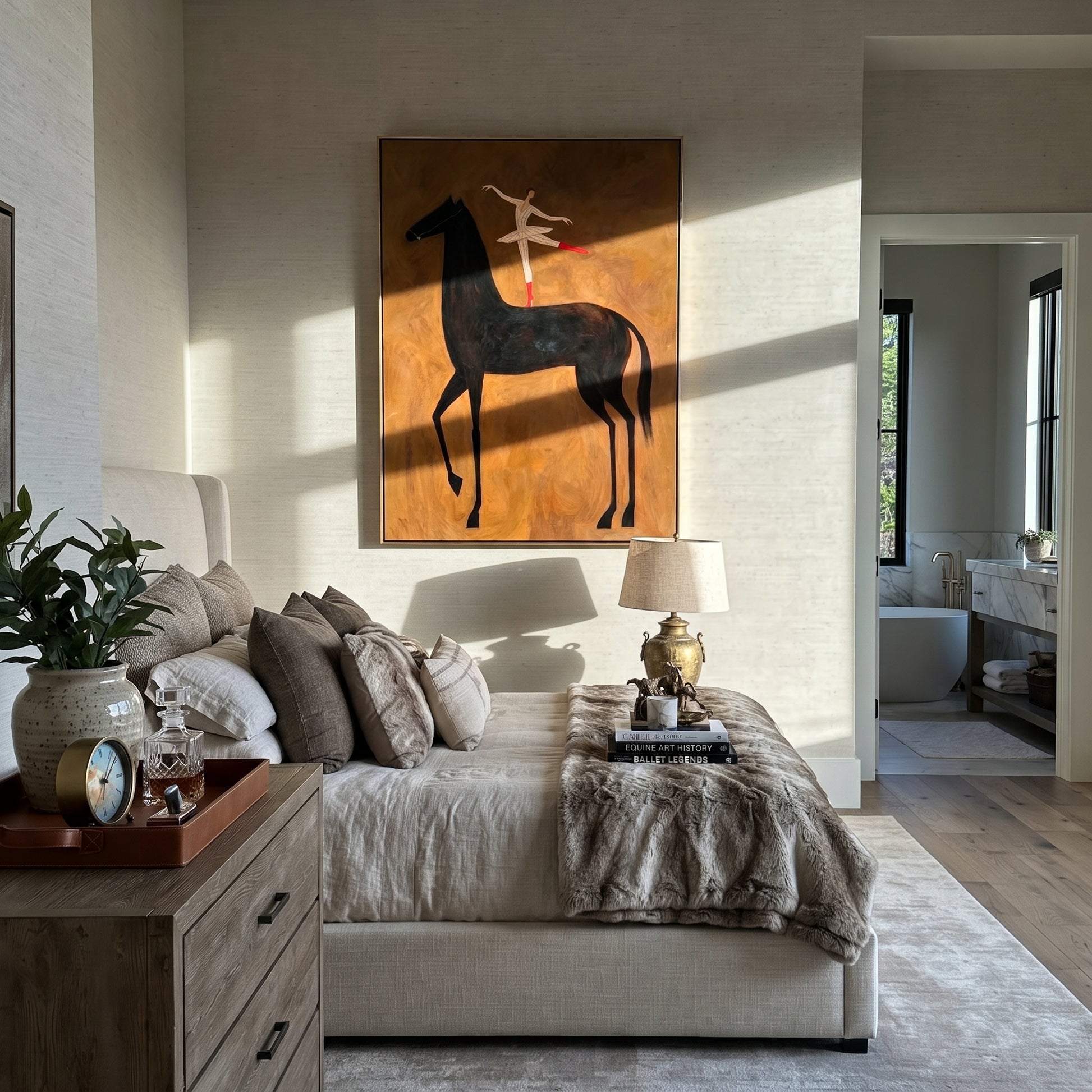 Dancer Turns Above Midnight - ballerina black horse painting by Isabelle Laurent, modern Western vertical wall art – styled room scene view 5