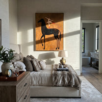 Dancer Turns Above Midnight - ballerina black horse painting by Isabelle Laurent, modern Western vertical wall art – styled room scene view 5