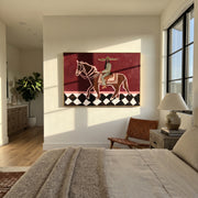Checked Road Carries Rider - outlined horse rider painting by Isabelle Laurent, modern Western horizontal wall art – styled room scene view 1