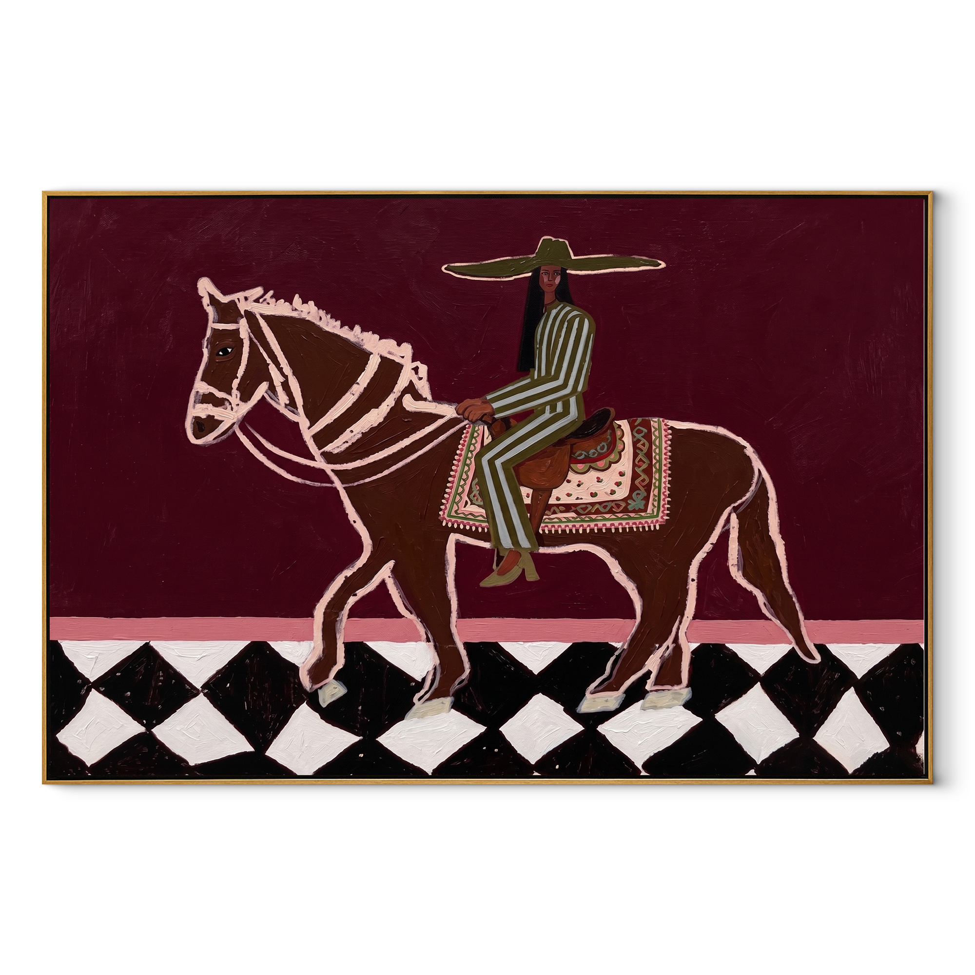 Checked Road Carries Rider - outlined horse rider painting by Isabelle Laurent, modern Western horizontal wall art – wood frame on white background