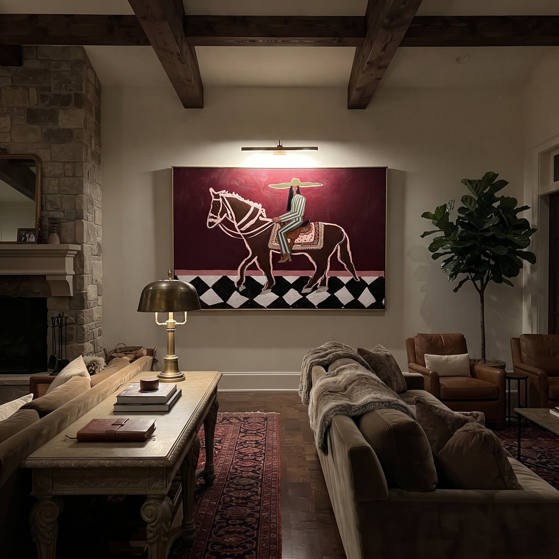 Checked Road Carries Rider - outlined horse rider painting by Isabelle Laurent, modern Western horizontal wall art – styled room scene view 2