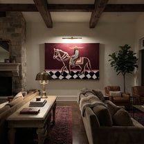 Checked Road Carries Rider - outlined horse rider painting by Isabelle Laurent, modern Western horizontal wall art – styled room scene view 2